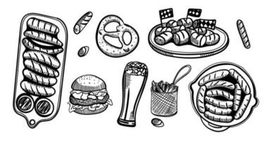 The composition of drinks and snacks. Set food and beer in a glass, mug, cup and jar. Hand drawing graphic strokes, lines Sketch for Oktoberfest or menu the restaurant, pub, bistro, snack bar, Vector