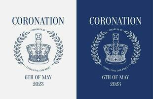 Poster for King Charles III Coronation with linear crown and laurel wreath. Monochrome Greeting card for celebrate a coronation of Prince Charles of Wales becomes King of England. Vector illustration.