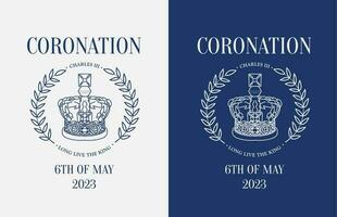 Poster for King Charles III Coronation with linear crown and laurel wreath. Monochrome Greeting card for celebrate a coronation of Prince Charles of Wales becomes King of England. Vector illustration.