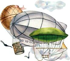 Composition of vintage aerostats watercolor illustration isolated on white background. vector
