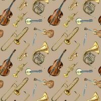 Musical instruments seamless pattern watercolor isolated on beige. vector