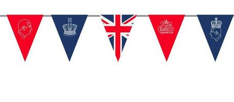 2023 Coronation celebration UK Union Jack flag garland seamless border. Festive vector illustration