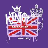 Collage with Union Jack flag with King's profile and word King in urban graffiti street art style. Suitable for Charles III coronation celebration at May 6, 2023. Textured EPS10 vector collage .