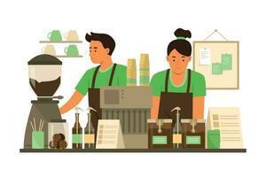 Barista Man and Woman Making Coffee at Bar Counter in Coffee Shop vector