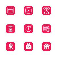 Set of time and location icons with red and white color isolated on white background vector