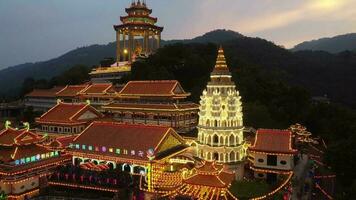Ayer Itam, Penang, Malaysia, Mar 05 2021, Aerial view colorful LED light decorated at Chinese temple. video