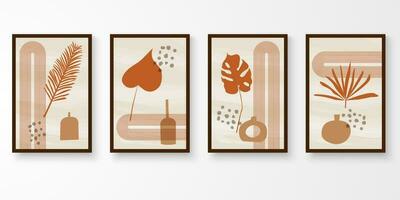 Set of minimal natural wall art in brown images vertical frame. Abstract composition earth tone. Art print, cover, photo frame, wallpaper. Object with shadow. Vector illustration.