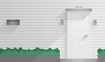 Entrance vintage house. Frontside residence white wood door wall, metal lamp mailbox with plant gate. White architecture elevation with shadow. vector