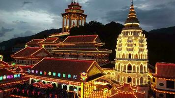 Ayer Itam, Penang, Malaysia, Mar 07 2021, Aerial view kek Lok SI temple at night video