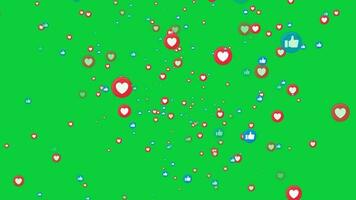 muitos do gostar botão e amor reagir ícones vôo animação em verde tela fundo, social meios de comunicação viver corrente gostar e amor aumentando Mais rápido 4k vídeo video