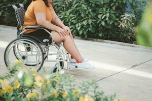 Overweight and obesity woman sitting on wheelchair and holding her knee In pain, cause of Inflammation of his knee to receiving too much weight, Concept of an Overweight problem and Health care photo