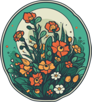 retro floral decorated with colorful blooming flowers. Isolated for sticker, printing, decorative element png