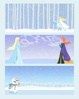Twin Princess Sisters and A Snowman in Winter Kingdom Banner Template vector
