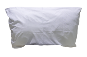 White pillow with case after guest's use at hotel or resort room isolated with clipping path, Concept of comfortable and happy sleep in daily life in png file format