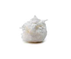 Single screwed or crumpled tissue paper ball or napkin in strange shape after use in toilet or restroom isolated with clipping path and shadow in png file format