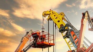 Articulated boom lift. Aerial platform lift and construction crane with sunset sky. Mobile construction crane for rent and sale. Maintenance and repair hydraulic boom lift service. Crane dealership. photo