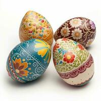 4 colorful painted decorated Easter eggs, white background photo