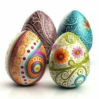 4 colorful painted decorated Easter eggs, white background photo