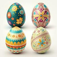 4 colorful painted decorated Easter eggs, white background photo