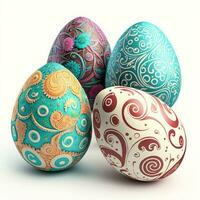 4 colorful painted decorated Easter eggs, white background photo