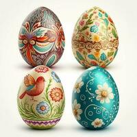 4 colorful painted decorated Easter eggs, white background photo