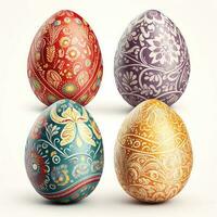 4 colorful painted decorated Easter eggs, white background photo