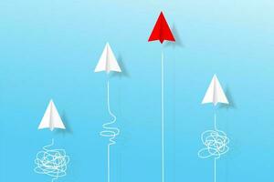 Top view of paper planes with doodle line in the sky. Origami aircraft. Geometric shape symbol. Concept of business, leadership, solution, success, education, teamwork, mission target, think different photo