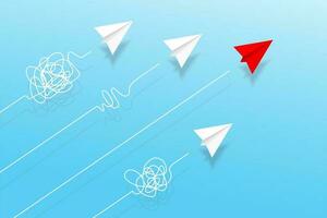 Top view of paper planes with doodle line in the sky. Origami aircraft. Geometric shape symbol. Concept of business, leadership, solution, success, education, teamwork, mission target, think different photo
