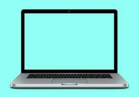 Top view of realistic perspective laptop with keyboard isolated on turquoise background open incline 90 degree. Computer notebook with screen template. mobile computer with keypad. illustration photo