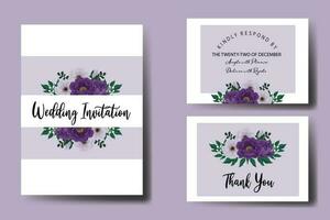 Wedding invitation frame set, floral watercolor Digital hand drawn Purple Peony Flower design Invitation Card Template vector