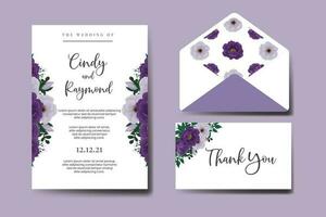 Conjunto de marco de invitación de boda, plantilla de tarjeta de invitación de diseño de flor de peonía púrpura dibujado a mano digital acuarela floral vector