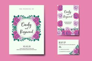 Wedding invitation frame set, floral watercolor Digital hand drawn Purple Anemone Flower design Invitation Card Template vector