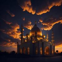 Illustration of a mosque at sunset with clouds in the sky, creating a mesmerizing and otherworldly scene. photo