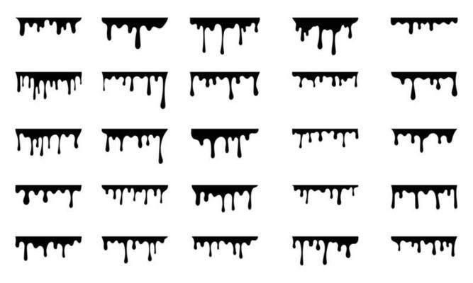 Black melting drips paint collection. melt drips paint abstract liquid vector elements. border and drips ink set