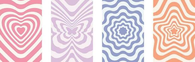 Set of retro groovy aesthetic poster background. Repeating heart, butterflies, star background in retro 70s. Groovy psychedelic pattern in y2k style for poster, banner, invitation card, print vector