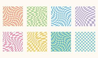 Retro groovy checkered seamless patterns collection. y2k aesthetic. Trippy checkerboard background. Funky hippie fashion textile print, retro background with distorted grid tile vector pattern set