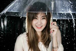 Happy Chinese girl with rain and transparent umbrella photo