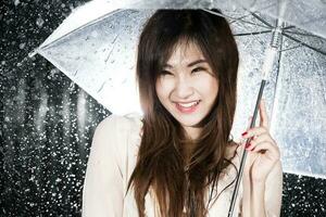Happy girl holding transparent umbrella among the rain photo