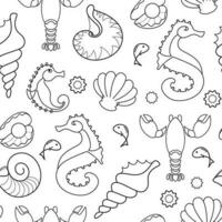 Seahorses, shells. Tropical beach seamless pattern. Outline ocean animals. Vector. vector