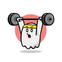 cute ghost mascot illustration doing weightlifting. illustration of a ghost doing sports. vector