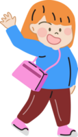 Happy cute kid with bag go to school cartoon character doodle hand drawn design for decoration. png