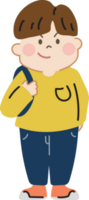 Happy cute kid with bag go to school cartoon character doodle hand drawn design for decoration. png