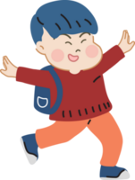 Happy cute kid with bag go to school cartoon character doodle hand drawn design for decoration. png