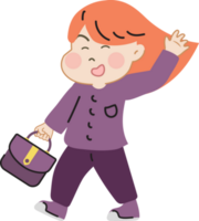 Happy cute kid with bag go to school cartoon character doodle hand drawn design for decoration. png