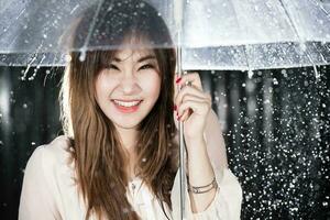 Happy girl holding transparent umbrella among the rain photo