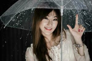 Happy Chinese girl with rain and transparent umbrella photo