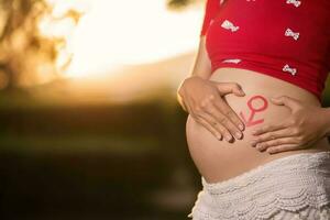 Image of pregnant woman touching her belly with hands photo