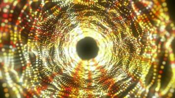 Abstract yellow gold energy tunnel made of particles and a grid of high-tech lines with a glowing background effect, video 4k, 60 fps