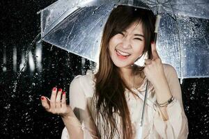 Happy Chinese girl with rain and transparent umbrella photo