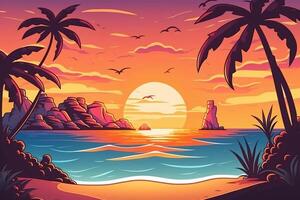 Tropical beach with ocean sunset and palm trees, cartoon summer view, illustration with summer background, photo